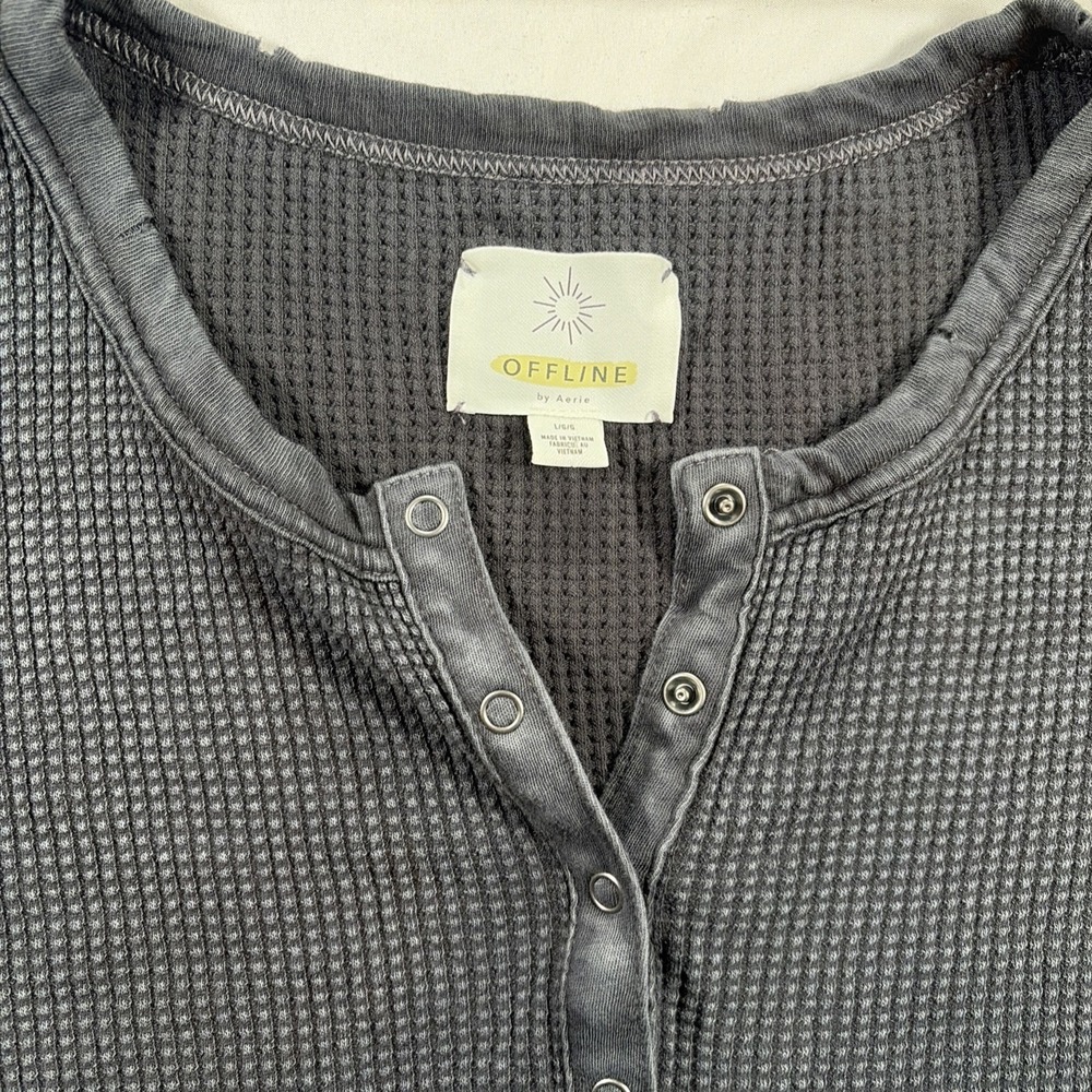 Offline By Aerie Womens Large Henley Oversized Shirt Black Thermal Waffle Knit